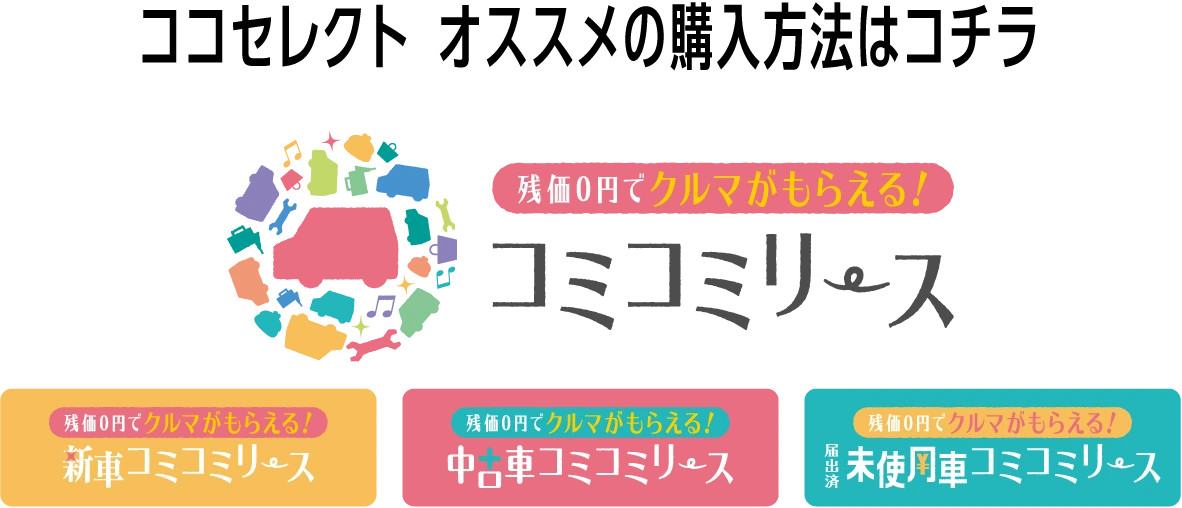 ココセレクトオススメの購入方法はコチラ｜残価0円でクルマがもらえる!カーリース|コミコミリース｜新車コミコミリース｜中古車コミコミリース｜届出済未使用車コミコミリース